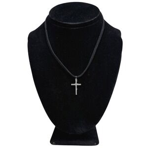 Rhinestone Silver Tone Cross Pendant Necklace Black Choker Jewelry 8.5 in L